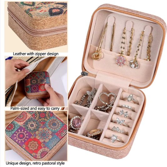 Vintage Small Jewellery Case Box Organizer – Portable Square Cork Jewelry Box for Rings, Necklaces & Earrings | Travel-Friendly Storage for Women & Girls (Pack of 1)