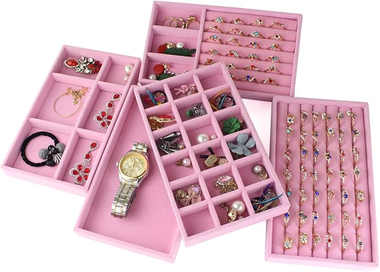 Velvet Pink Jewelry Storage Tray – 18 Slots Earring & Ring Organizer, Stackable Jewelry Display Box(Pack of 1)