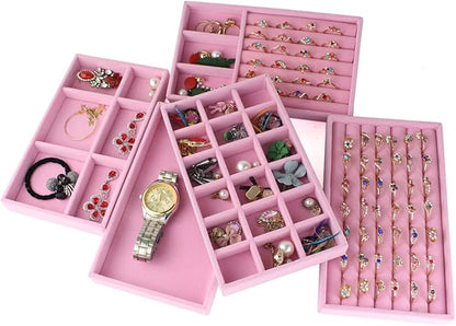 Velvet Pink Jewelry Storage Tray – 18 Slots Earring & Ring Organizer, Stackable Jewelry Display Box(Pack of 1)
