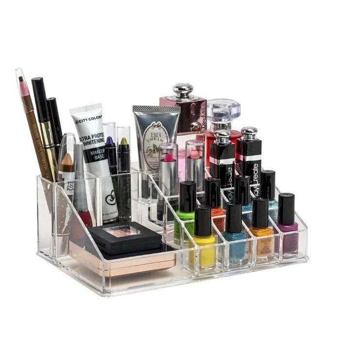 16 Cavity Cosmetic Organiser – Transparent Plastic Makeup Organizer Box with 16 Compartments for Jewellery, Lipstick, Nail Paint & Accessories (Pack of 1)