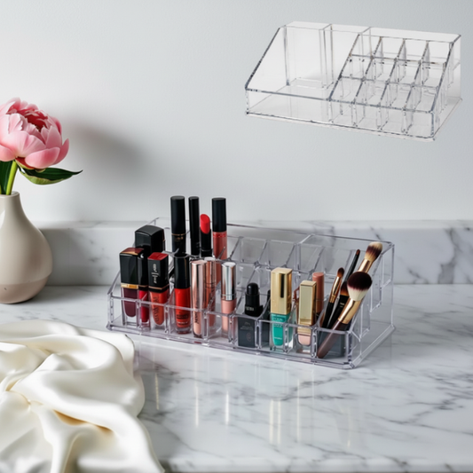 16 Cavity Cosmetic Organiser – Transparent Plastic Makeup Organizer Box with 16 Compartments for Jewellery, Lipstick, Nail Paint & Accessories (Pack of 1)