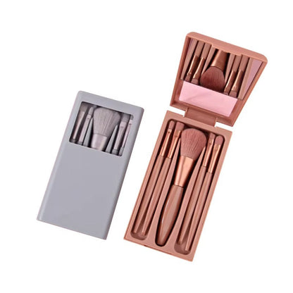 Beauty Travel Makeup Brush Set – 5 Pcs Brushes in Shell Mirror Box (Random Color)